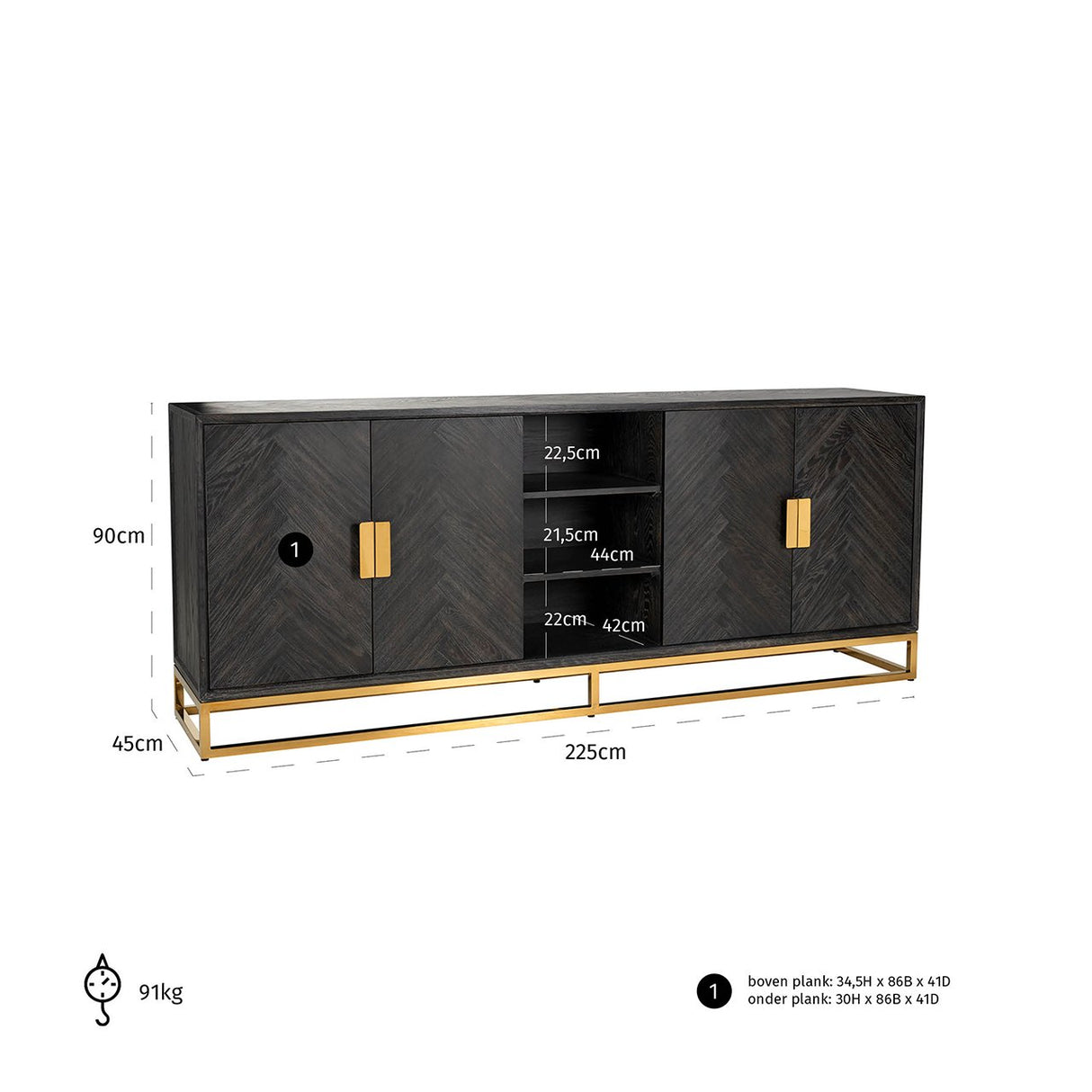 Dressoir Blackbone gold 4-deuren + open vak (Black rustic)